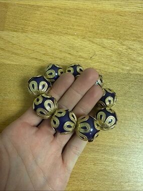 Dark blue bead with gold overlay vintage formal look stretch bracelet